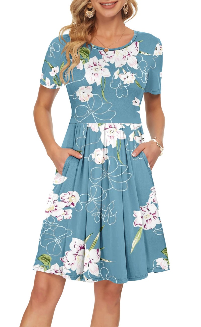 AUSELILY Women's Short Sleeve Summer Dress Pleated Loose Swing Knee Length Dresses with Pockets 2026 New Floral Light Blue L - Image 1